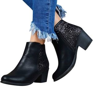 Womens Pointed Toe Ankle Boots, Sequin Chunky Heel
